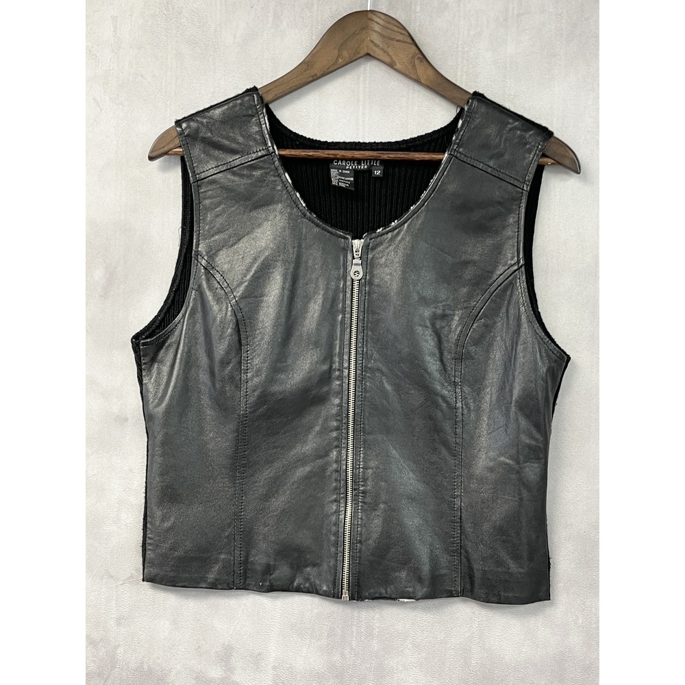 Carole Little Women Mix Media Vest 12 Petite Leather Knit Back Moto Goth 90s Vtg